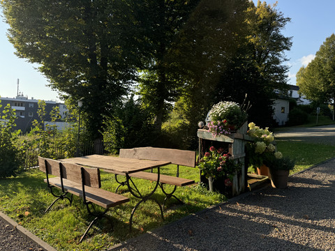 Dürscheider Hof - Ansicht Biergarten Rustikaler Holztisch mit Blumenarrangement im sonnigen Garten, umgeben von grünen Bäumen und Sträuchern.
