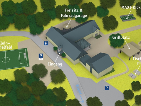 Jugendherberge Wiehl Luftbild des Wiehlparks: Gebäude mit Freisitz, Spielfläche, Spielplatz, Grillplatz und Parkplätzen.