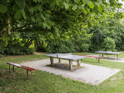 Jugendherberge Wiehl Tischtennisplatten im Grünen, umgeben von Bäumen und Rasenflächen, laden zum Spiel im Freien ein.