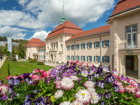 Bad Elster Albertbad Außenansicht Historische Fassade des Albertbads in Bad Elster, mit Blumenbeet im Vordergrund und blauem Himmel.Historic facade of the Albertbad in Bad Elster, with flowerbed in the foreground and blue sky.Historické průčelí zámku Albertbad v Bad Elsteru s květinovým záhonem v popředí a modrou oblohou.Historyczna fasada Albertbad w Bad Elster z kwietnikiem na pierwszym planie i błękitnym niebem.Historische gevel van het Albertbad in Bad Elster, met bloemenperk op de voorgrond en blauwe lucht.Facciata storica dell'Albertbad di Bad Elster, con aiuola in primo piano e cielo azzurro.