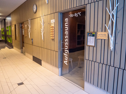 Sauna  Glastür mit Aufschrift "Aufgusssauna 80 - 85°C"