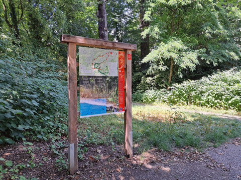 Streifzug Liewerfrauenweg Ein hölzernes Infobrett mit Karten und Hinweisen steht am Waldrand in grüner Umgebung.