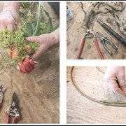 Anne Bussen.JPG Hände arrangieren Blumen und Werkzeuge auf einem Holztisch. Verschiedene Werkzeuge liegen bereit.