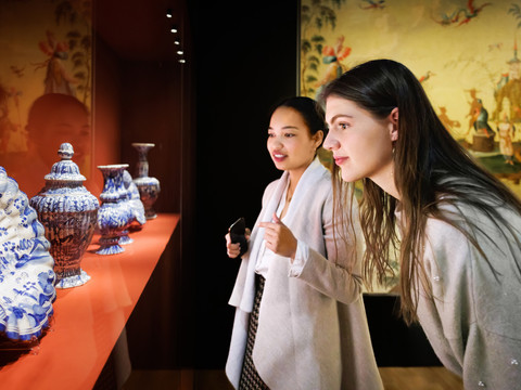 GRASSI Museum für Angewandte Kunst - Asiatische Kunst Zwei Frauen betrachten bemalte Keramik im asiatischen Ausstellungsbereich des GRASSI Museums für Angewandte Kunst am Johannisplatz in LeipzigTwo women look at painted ceramics in the Asian exhibition area of the GRASSI Museum of Applied Arts on Johannisplatz in LeipzigDvě ženy si prohlížejí malovanou keramiku v asijské expozici Muzea užitého umění GRASSI na náměstí Johannisplatz v Lipsku.Dwie kobiety oglądają malowaną ceramikę na wystawie azjatyckiej w Muzeum Sztuki Użytkowej GRASSI na Johannisplatz w Lipsku.Twee vrouwen bekijken beschilderd keramiek in de Aziatische tentoonstellingsruimte van het GRASSI Museum voor Toegepaste Kunst aan de Johannisplatz in Leipzig.Due donne osservano ceramiche dipinte nell'area espositiva asiatica del Museo di Arti Applicate GRASSI in Johannisplatz a Lipsia