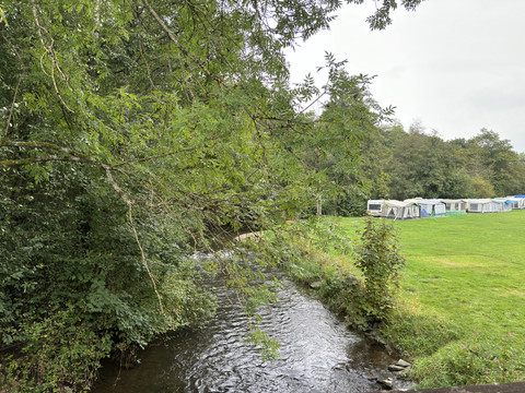 Campingplatz Wiehltal Blick auf einen kleinen Bach, der an grünen Wiesen und einem Zeltplatz vorbeifließt.