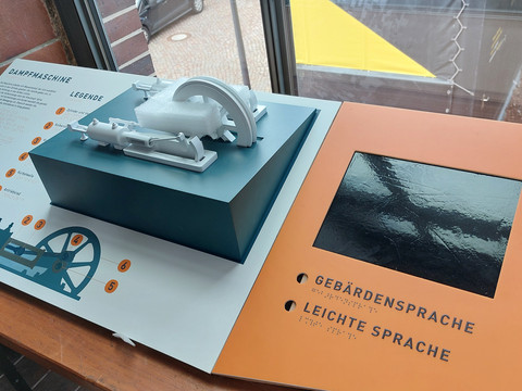 Exponatmodell mit taktilen Elementen, leichter Sprache und Gebärdensprache im Museum.Exhibit model with tactile elements, easy language and sign language in the museum.Model výstavy s hmatovými prvky, jednoduchým jazykem a znakovou řečí v muzeu.Model wystawy z elementami dotykowymi, łatwym językiem i językiem migowym w muzeum.Tentoonstellingsmodel met tactiele elementen, eenvoudige taal en gebarentaal in het museum.Modello di esposizione con elementi tattili, linguaggio semplice e linguaggio dei segni nel museo.