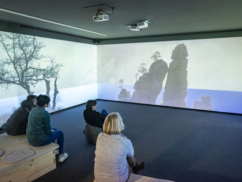 Personen sitzen in einem dunklen Raum und betrachten eine Projektion von Felsen und Bäumen auf den Wänden. Die Atmosphäre wirkt ruhig und konzentriert.