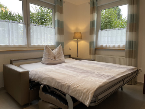 Wohnzimmer Fewo grün Gemütliches Schlafzimmer mit ausziehbarem Sofa, weißer Bettwäsche, zwei Fenstern und einer Lampe.