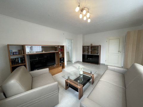 Wohnzimmer Fewo grün Ein modernes Wohnzimmer mit Ledersofas, Glastisch, Bücherschrank und schlichtem Kronleuchter.