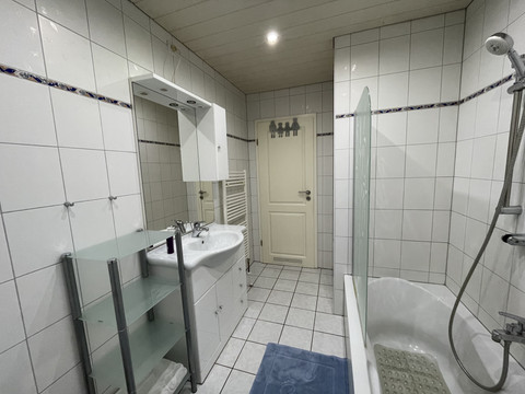 Bad Fewo grün Helles, gefliestes Badezimmer mit weißem Waschbecken, Spiegelschrank, Regal, Dusche und Badewanne.