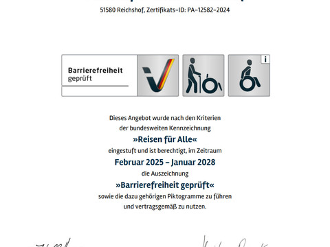Zertifikat "Reisen für alle" Urkunde für Ballonsportclub Reichshof: Zertifizierung als barrierefrei geprüft für 2025-2028.