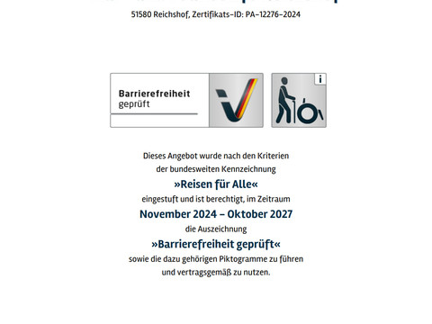 Zertifikat "Reisen für alle" Das Bild zeigt ein Prüfergebnis-Zertifikat für die barrierefreie Touristinfo Reichshof.