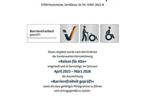 Zertifikat "Reisen für alle" Prüfergebnisdokument zur Badestelle an der Brucher Talsperre mit Barrierefreiheitssymbolen.