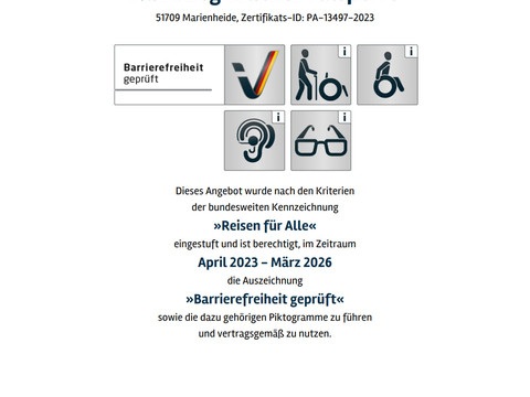 Zertifikat "Reisen für alle" Barrierefreies Prüfergebnis für den Rundweg Brucher Talsperre, gültig von 2023 bis 2026.