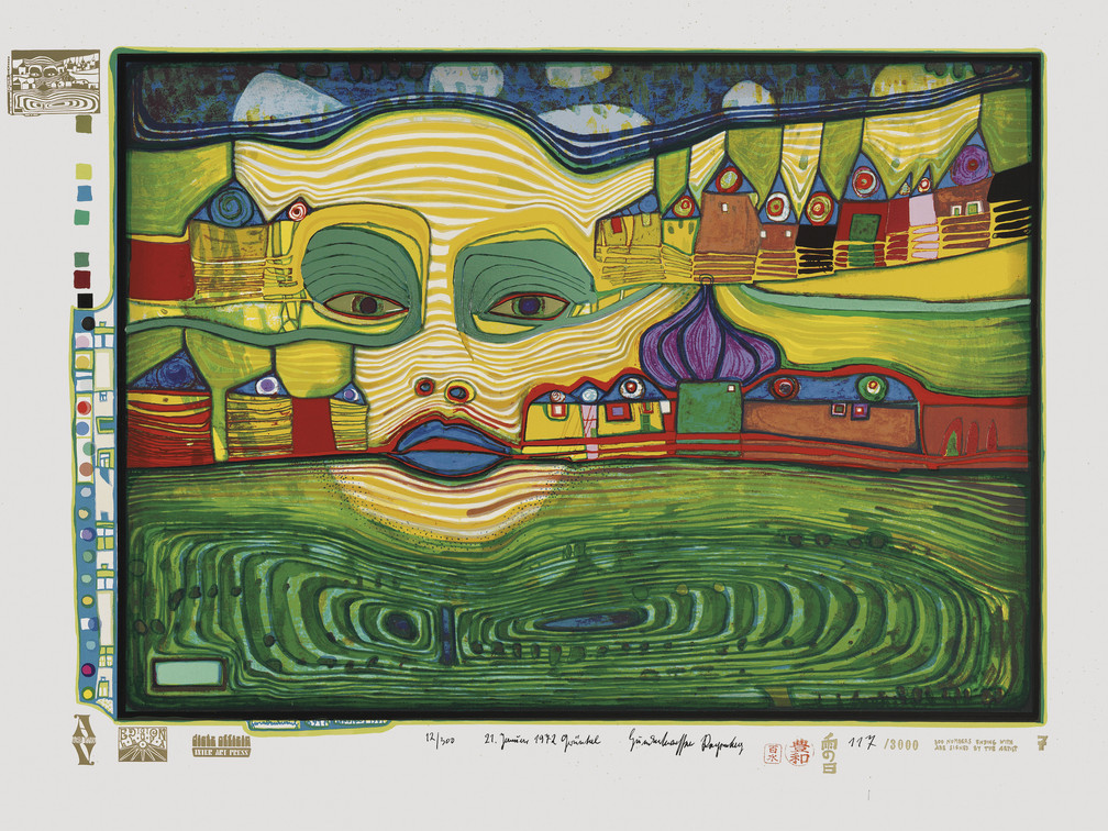 Friedensreich Hundertwasser, Irinaland über dem Balkan, 1971-72, Farbserigrafie © 2025 NAMIDA AG, Glarus, Schweiz.jpg