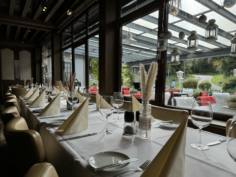 Detailaufnahme gedeckter Tisch - Waldhotel Tropfsteinhöhle Ein elegant gedeckter Tisch in einem Restaurant mit Fensterblick auf eine grüne, ländliche Umgebung.