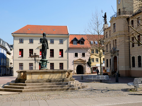 Marktplatz Crimmitschau mit Brunnen und Rathaus