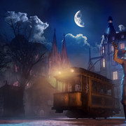 Creepy in Old Cologne Im mystischen Abendlicht fährt eine alte Straßenbahn durch Köln, während ein gruseliger Mann, von geheimnisvollem Mondlicht erhellt, winkt.In the mystical evening light, an old tram travels through Cologne while a creepy man, illuminated by mysterious moonlight, waves.