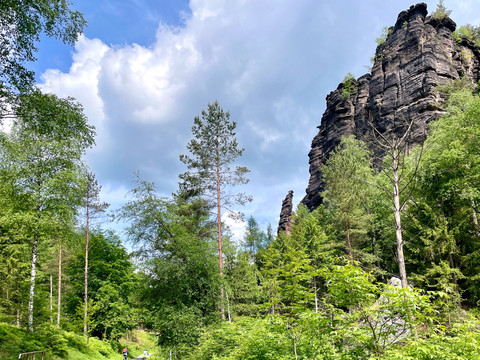 Eindrucksvolle Felsriffe auf der Fahrt durch das Tal der Dürren Biela