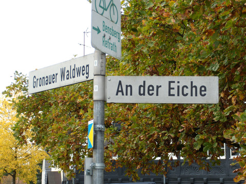 Gronauer Waldsiedlung Straßenschilder mit den Namen "Gronauer Waldweg" und "An der Eiche" vor Herbstbäumen.