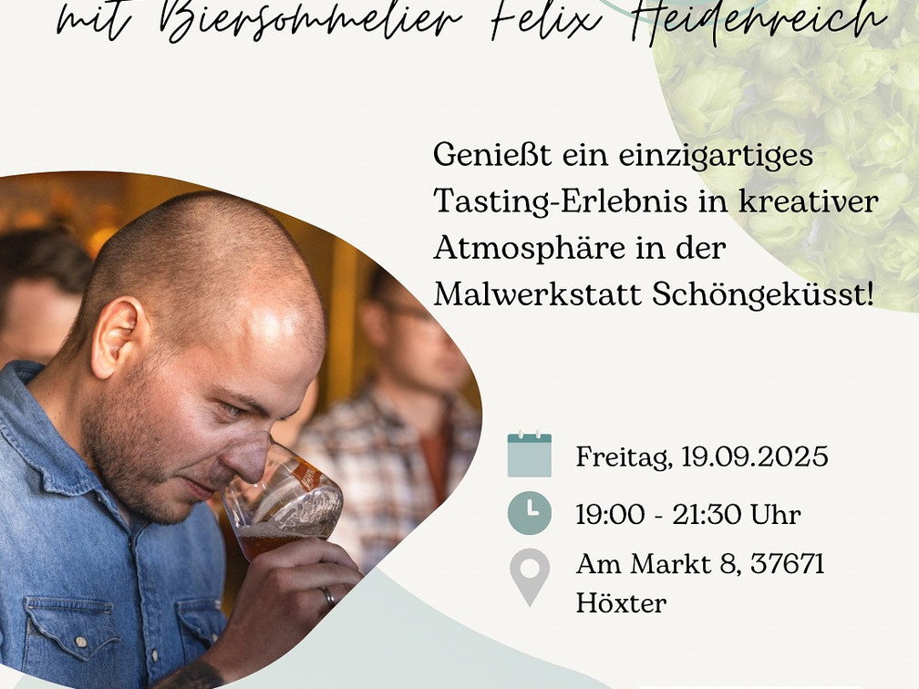 Biertasting 19.09.2025 in Höxter.jpg Ein Mann kostet genussvoll Bier aus einem Glas bei einem Biertasting-Event in der Keramikmalwerkstatt.