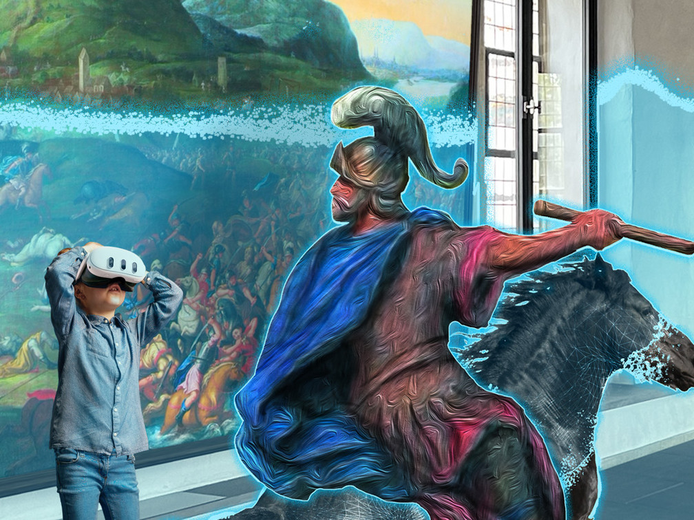 Schlacht am Brunsberg - Aufbruch in eine neue Zeit KI erzeugtes Bild mit mittelalterlichem Reiter vor Ölgemälde und einem Jungen mit VR Brille aus der heutigen Zeit