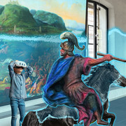 Schlacht am Brunsberg - Aufbruch in eine neue Zeit KI erzeugtes Bild mit mittelalterlichem Reiter vor Ölgemälde und einem Jungen mit VR Brille aus der heutigen Zeit