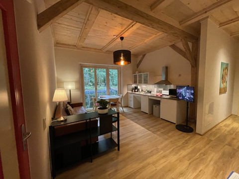 Rustikale Wohnung mit Holzbalkendecke, offener Küche und gemütlicher Sitzgelegenheit im Vordergrund.