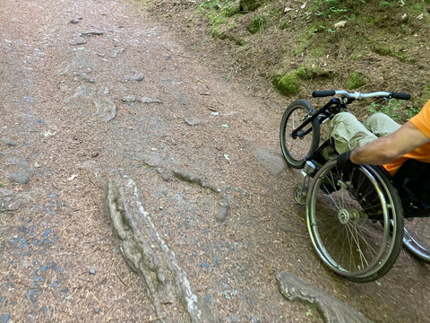 Nerovnosti na trase Ein Rollstuhlfahrer rollt über einen unebenen Waldweg mit Steinen und Wurzeln. A wheelchair user rolls over an uneven forest path with stones and roots.Vozíčkář se převaluje po nerovné lesní cestě s kameny a kořeny.Een rolstoelgebruiker rolt over een oneffen bospad met stenen en wortels.