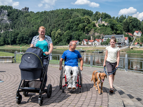 Barrier-free sound terrace Eine Frau mit Kinderwagen, ein Rollstuhlfahrer und ein Kind mit einem Hund an der Leine laufen und rollen über die Klangterrasse . A woman with a stroller, a wheelchair user and a child with a dog on a leash walk and roll across the sound terrace.Žena s kočárkem, vozíčkář a dítě se psem na vodítku se procházejí a kutálejí po zvukové terase.Een vrouw met een kinderwagen, een rolstoelgebruiker en een kind met een aangelijnde hond lopen en rollen over het geluidsterras.