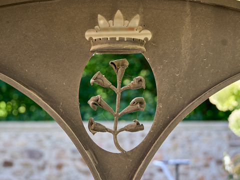 Schloss Kuckuckstein Detail Schmiedearbeit mit Lilienmotiv und Krone in einer Tür.