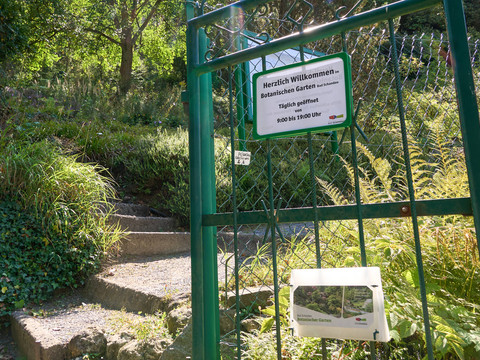 Entrance to the Bad Schandau Botanical Garden with steps, green fence and lush vegetation.