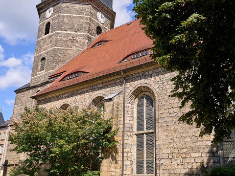 Kostel v Bad Schandau s kamennou fasádou a věží, obklopený stromy a modrou oblohou.