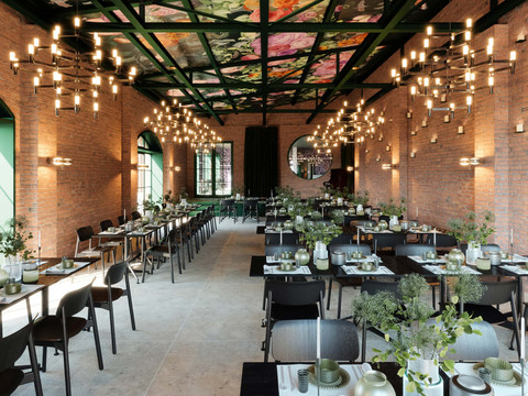Evenementenschuur Ranunkelhof Hoge eetzaal, een voormalige schuur met veel tafels en stoelen, stijlvol ingericht met bloemen en kroonluchterachtige verlichting aan de muur