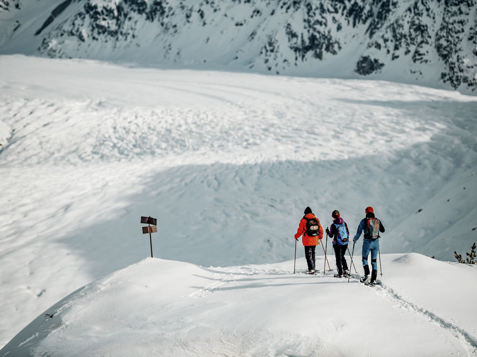 Schneeschuhwanderer am Aletschgletscher Drei Personen auf Schneeschuhtour Aletsch Grattour mit Blick auf den imposanten Grossen Aletschgletscher im WinterThree people on a snowshoe tour Aletsch ridge tour with a view of the imposing Great Aletsch Glacier in winterTrois personnes en randonnée à raquettes sur la crête d'Aletsch avec vue sur l'imposant grand glacier d'Aletsch en hiver
