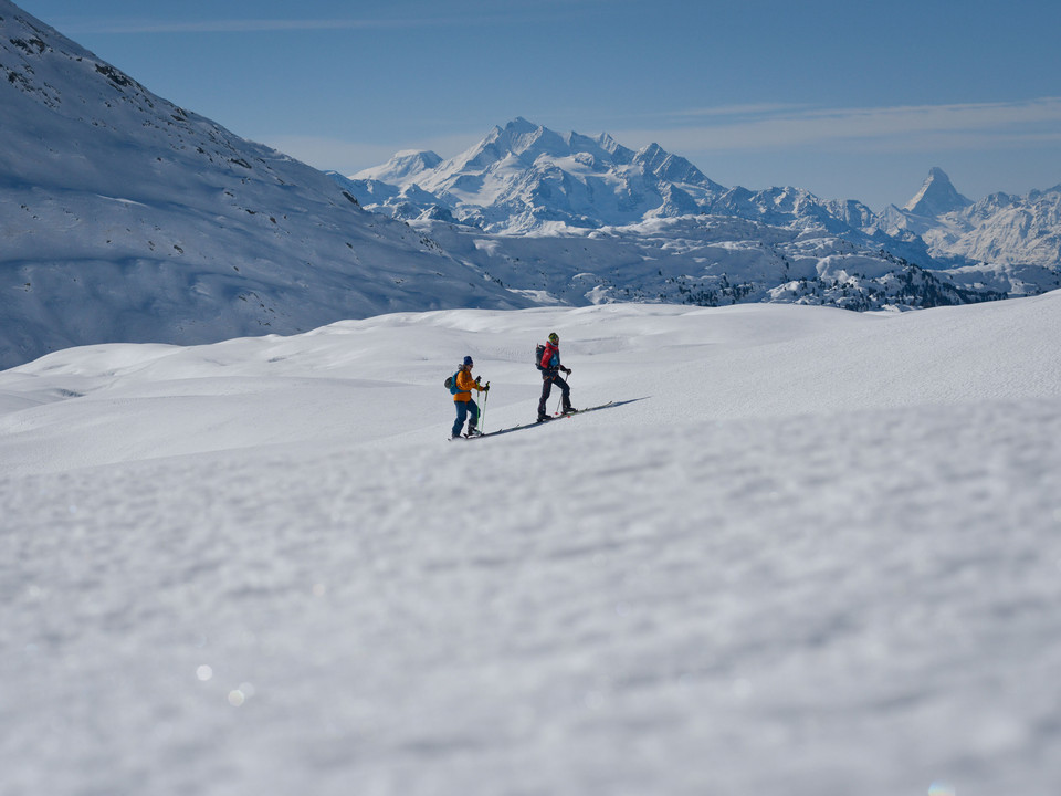 Skitouren im weiten Schneefeld der Aletsch Arena Aletschgletscher Rundtour Ski mit zwei Skitourengehern im weiten Schneefeld der Aletsch Arena vor den Walliser AlpenAletsch Glacier round tour Ski with two ski tourers in the wide snowfield of the Aletsch Arena in front of the Valais AlpsTour du glacier d'Aletsch à ski avec deux randonneurs à ski dans le vaste champ de neige de l'Aletsch Arena devant les Alpes valaisannes