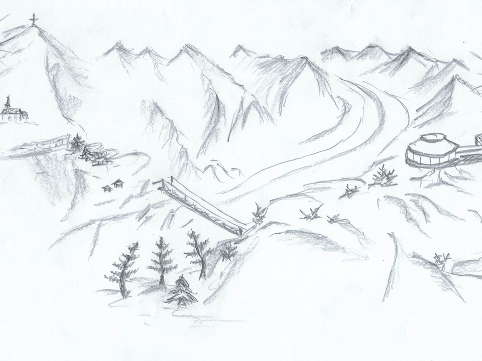 Esquisse de la randonnée nocturne du coucher au lever du soleil Nachtwanderung Bettmeralp Belalp mit gezeichneter Darstellung der Route von der Riederalp über die Hängebrücke bis zur Belalp im MorgengrauenNight hike Bettmeralp Belalp with illustrated route from Riederalp over the suspension bridge to Belalp at dawnRandonnée nocturne Bettmeralp Belalp avec représentation dessinée de l'itinéraire de Riederalp à Belalp à l'aube en passant par le pont suspendu