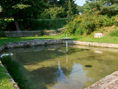 Freibad Gossdorf Kleiner Teich umgeben von Gras und Holzzäunen, mit einer Fontäne in der Mitte.