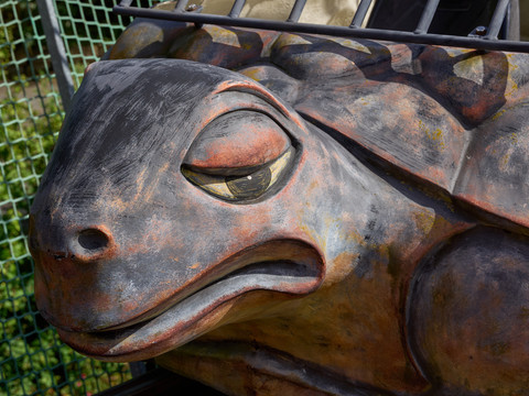 Große Skulptur eines Schildkrötenkopfes mit detaillierter Textur und halb geschlossenen Augen.