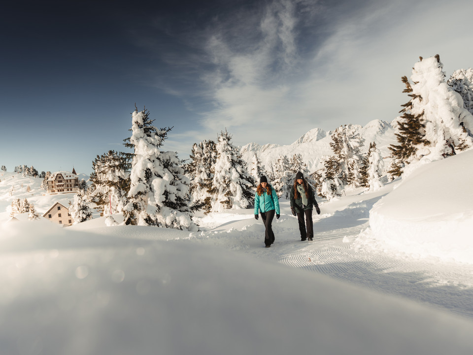Snow hiking with a view of Villa Cassel Aletsch Entdeckerpass mit zwei Frauen beim Winterwandern oberhalb der Villa Cassel auf der RiederalpAletsch Discovery Pass with two women on a winter hike above Villa Cassel on the RiederalpPasseport découverte d'Aletsch avec deux femmes lors d'une randonnée hivernale au-dessus de la Villa Cassel à Riederalp