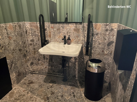 Invalidentoilet.jpg rolstoeltoegankelijke wastafel, inklapbare handgrepen links en rechts