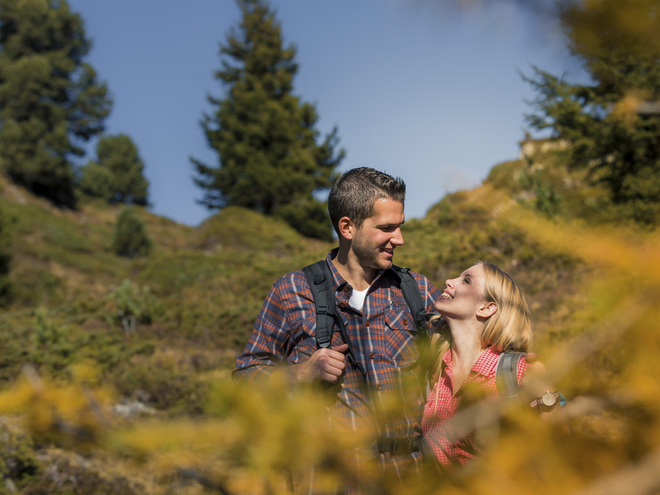 Together through the golden fall Herbstsonne Aletsch Arena mit Paar beim Wandern im herbstlichen Aletschwald unter blauem HimmelAutumn sun Aletsch Arena with couple hiking in the autumnal Aletsch forest under a blue skySoleil d'automne Aletsch Arena avec un couple en randonnée dans la forêt d'Aletsch en automne sous un ciel bleu