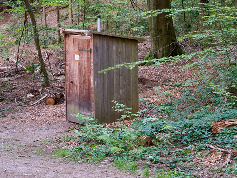 Holztoilette im Wald neben einem Pfad, umgeben von Bäumen und Büschen.