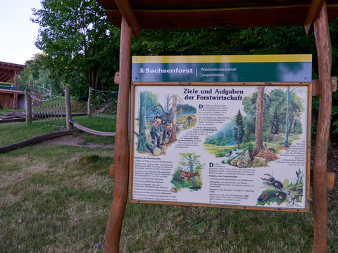 Walderlebniszentrum Informationsstele über Forstwirtschaft mit Text und Illustrationen.Information stele about forestry with text and illustrations.Informační stéla o lesnictví s textem a ilustracemi.Stela informacyjna o leśnictwie z tekstem i ilustracjami.Informatieve stele over bosbouw met tekst en illustraties.Stele informativa sulla silvicoltura con testo e illustrazioni.