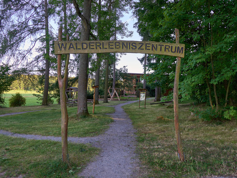 Walderlebniszentrum Holzschild "Walderlebniszentrum" über einem Weg, der in einen Park führt.