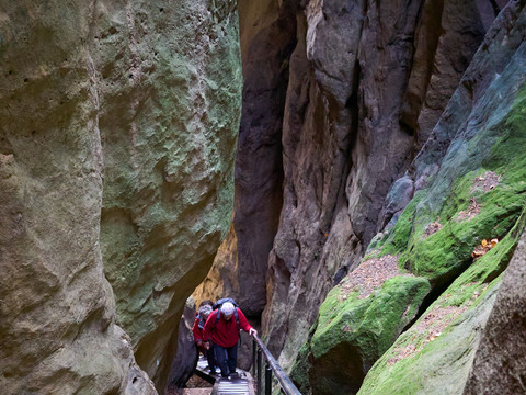 Wolfsschlucht Hockstein bei Hohnstein Person steigt schmale Treppe in enger Felsenschlucht hinauf.