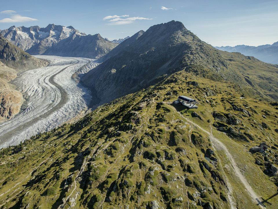 Sommerlicher Blick auf den Aletschgletscher von der Moosfluh Das View Point Package Aletsch zeigt den eindrucksvollen Gletscher von der Moosfluh aus der Luft mit klarem Sommerhimmel und PanoramablickThe View Point Package Aletsch shows the impressive glacier from the Moosfluh from the air with a clear summer sky and panoramic viewLe forfait View Point Aletsch montre l'impressionnant glacier vu du ciel depuis Moosfluh, avec un ciel d'été dégagé et une vue panoramique.