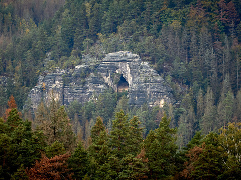 Aussicht vom Großen Pohlshorn zum Kleinstein Felsformation mit Höhle in bewaldetem Gebirge.
