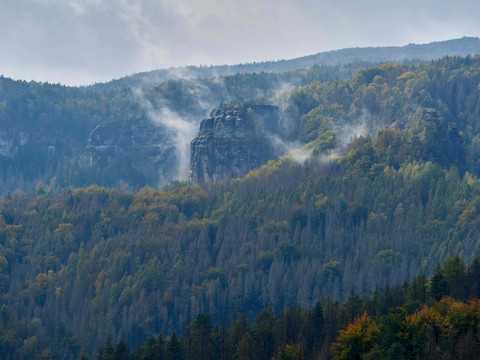 Bewaldete Felslandschaft mit Felsen und Nebelschwaden.