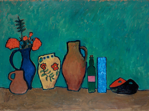 KSC_GUN_Best of II_Münter_Stilleben_1908-09.jpg Stillleben von Gabriele Münter mit Vasen, Flaschen und Blumen auf grünem Hintergrund, 1908-09.Still life by Gabriele Münter with vases, bottles and flowers on a green background, 1908-09.Zátiší Gabriele Münterové s vázami, lahvemi a květinami na zeleném pozadí, 1908-09.Martwa natura Gabriele Münter z wazonami, butelkami i kwiatami na zielonym tle, 1908-09.Stilleven van Gabriele Münter met vazen, flessen en bloemen op een groene achtergrond, 1908-09.Natura morta di Gabriele Münter con vasi, bottiglie e fiori su sfondo verde, 1908-09.